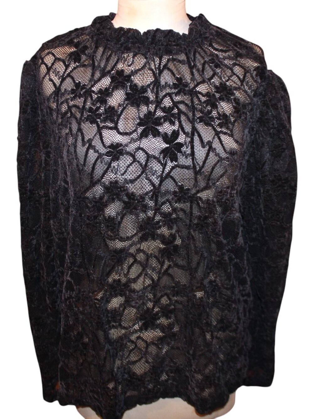 G by Giuliana Velvet Burnout Lace Blouse 1X Black Ruffle Mock Neck